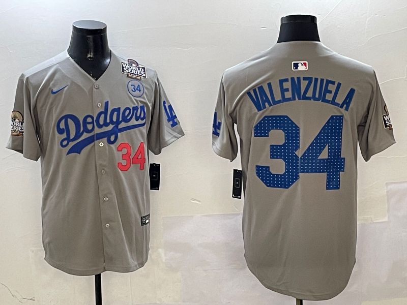 Men Los Angeles Dodgers 34 Valenzuela Grey Blue Fashion Game 2025 Nike MLB Jersey style 3263